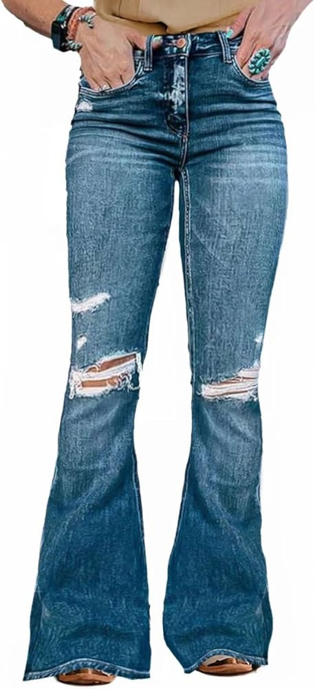 Flamingals Flare Bell Bottom Jeans for Women Raw Hem High Waist | Amazon (US)