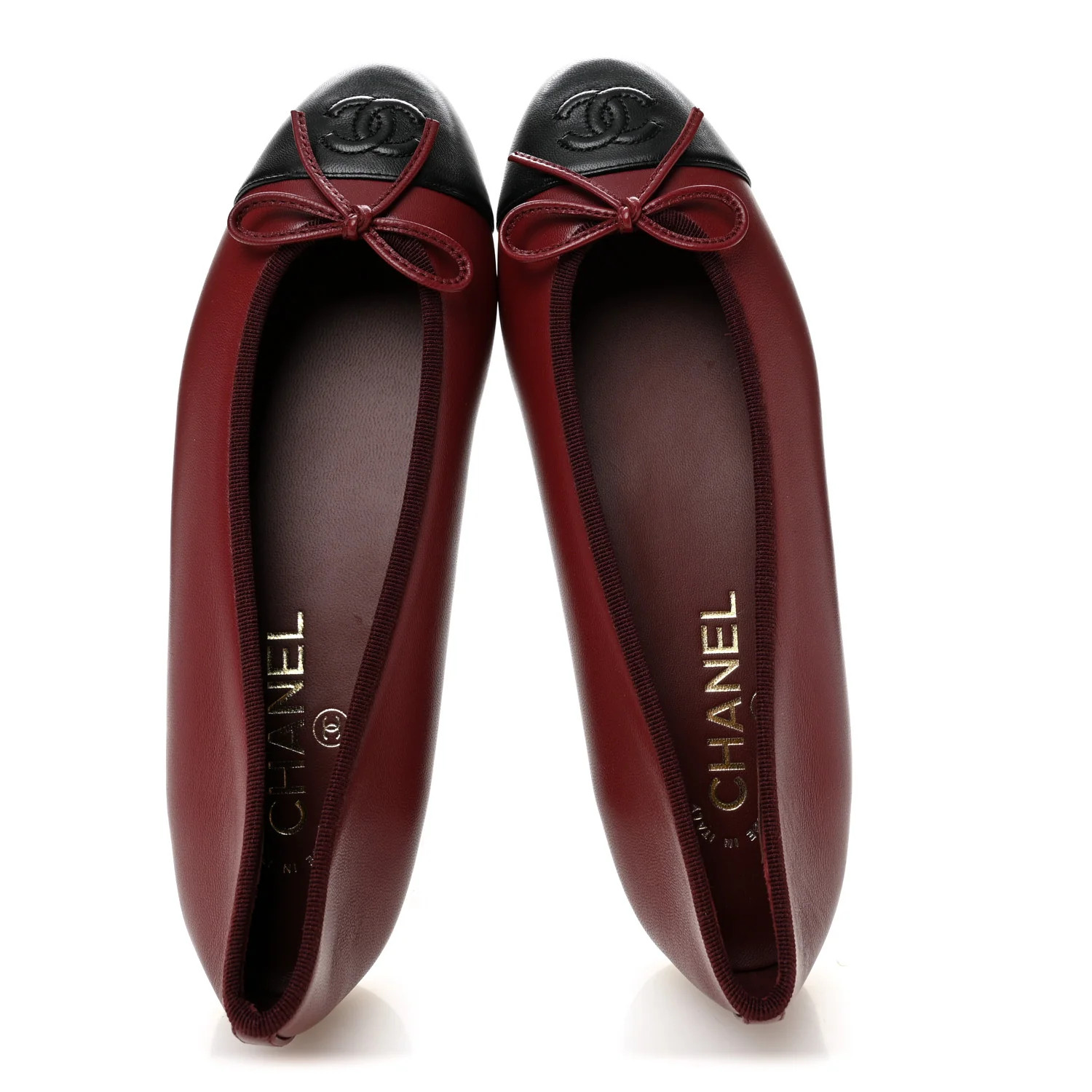 Lambskin Cap Toe CC Ballerina Flats 37 Burgundy Black | FASHIONPHILE (US)