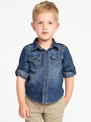 Old Navy Baby Rolled-Sleeve Denim Shirt For Toddler Boys Mid Tone Chambray Size 12-18 M | Old Navy US