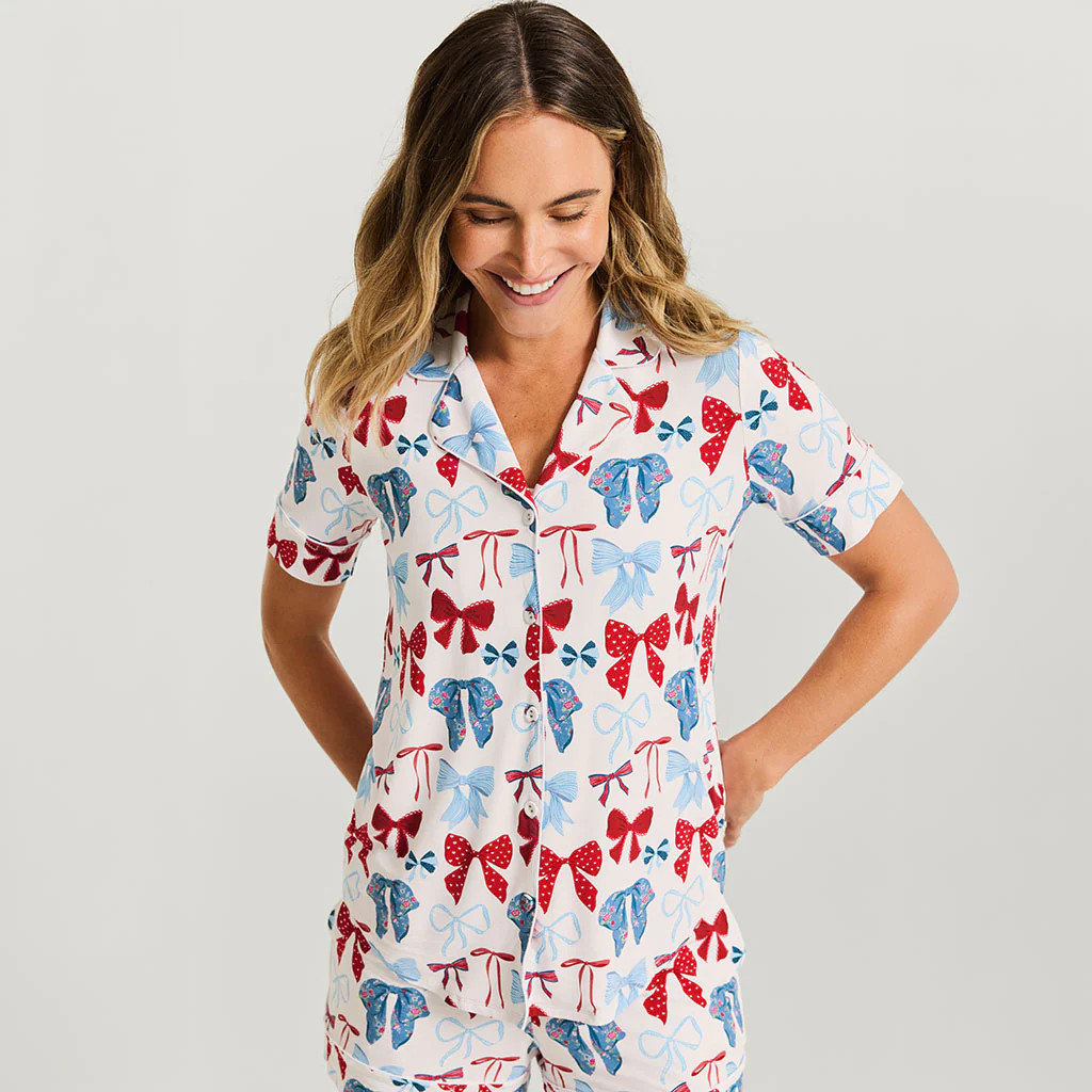 Bows White Short Sleeve Martha Women's Luxe Pajama Short Set | Posh Peanut\u00ae | Posh Peanut