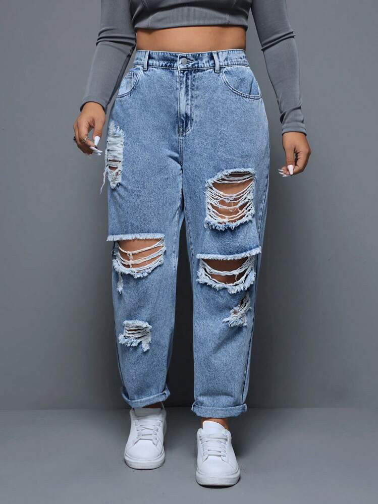 SHEIN ICON Plus Size Ripped Loose Jeans | SHEIN
