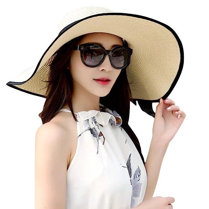 Lanzom Womens Big Bowknot Straw Hat Foldable Roll up Sun Hat Beach Cap UPF 50+ | Amazon (US)