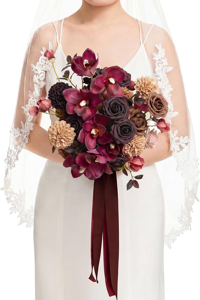 Ling's moment Freeform Bridal Bouquet Burgundy Wedding Bouquets for Bride | Amazon (US)