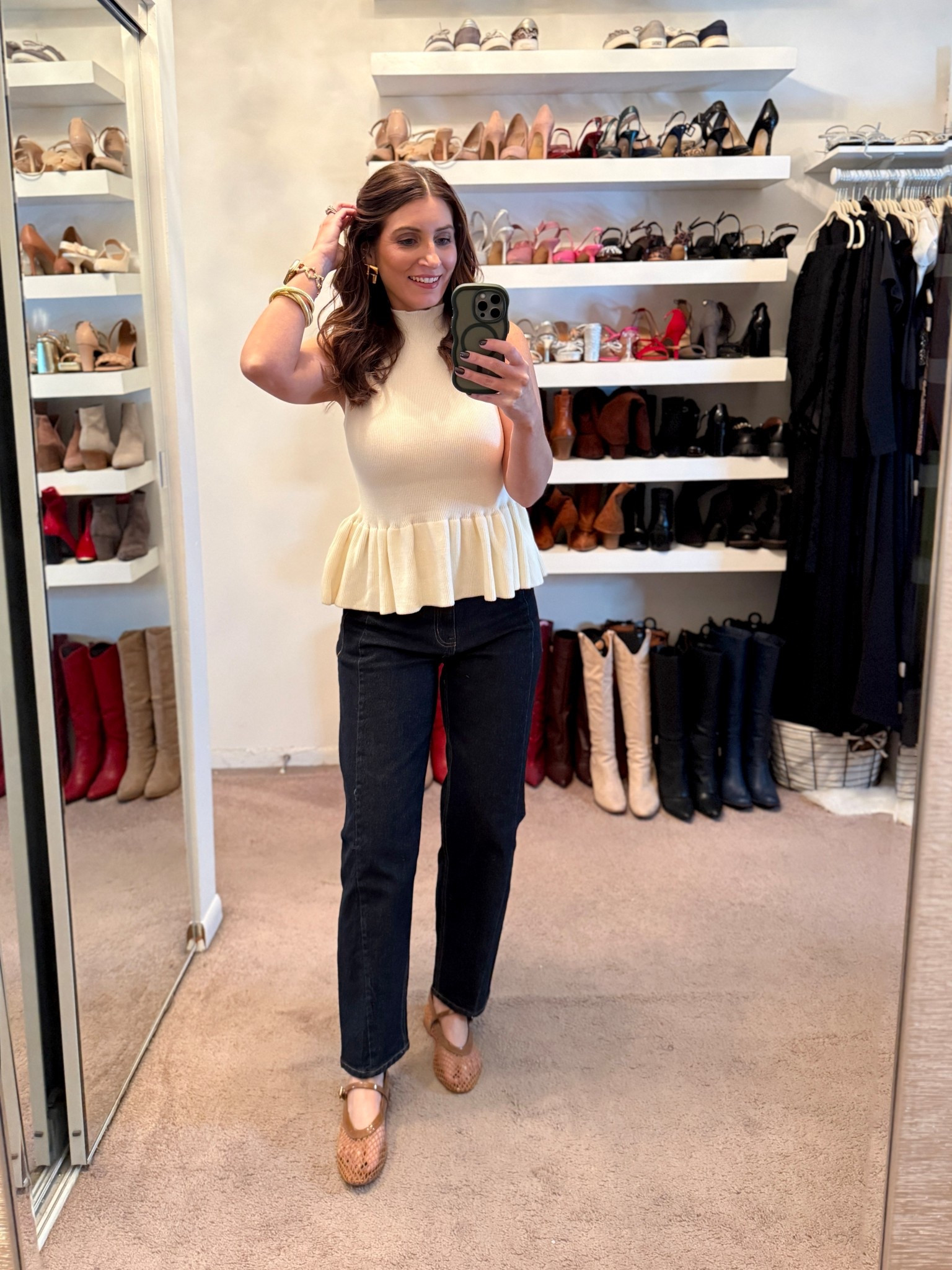 What I wore to work today, workwear outfit, casual outfit, sleeveless peplum sweater on sale, dark wash barrel leg jeans under $30, brown mesh ballet flats, gold chunky earrings, easy outfit  

Spring outfits 2026
Work outfits
Business casual workwear 

#LTKWorkwear #LTKSaleAlert #LTKootd