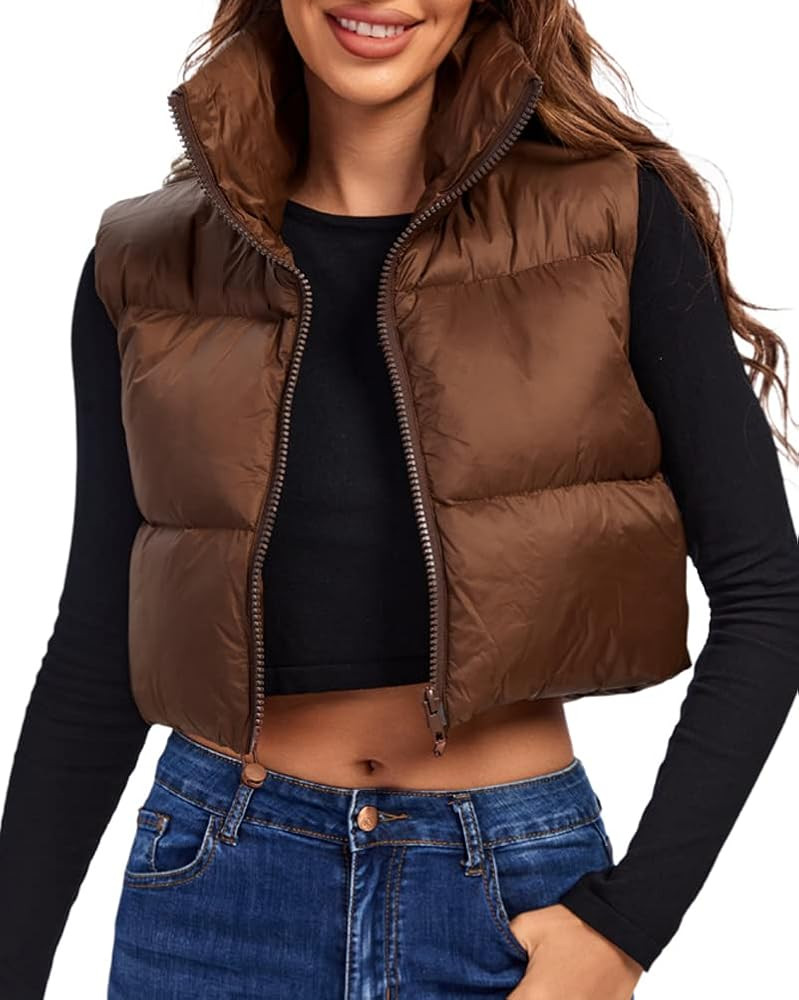 Fuinloth Women's Padded Vest, High Stand Collar Lightweight Zip Crop Puffer Gilet | Amazon (US)