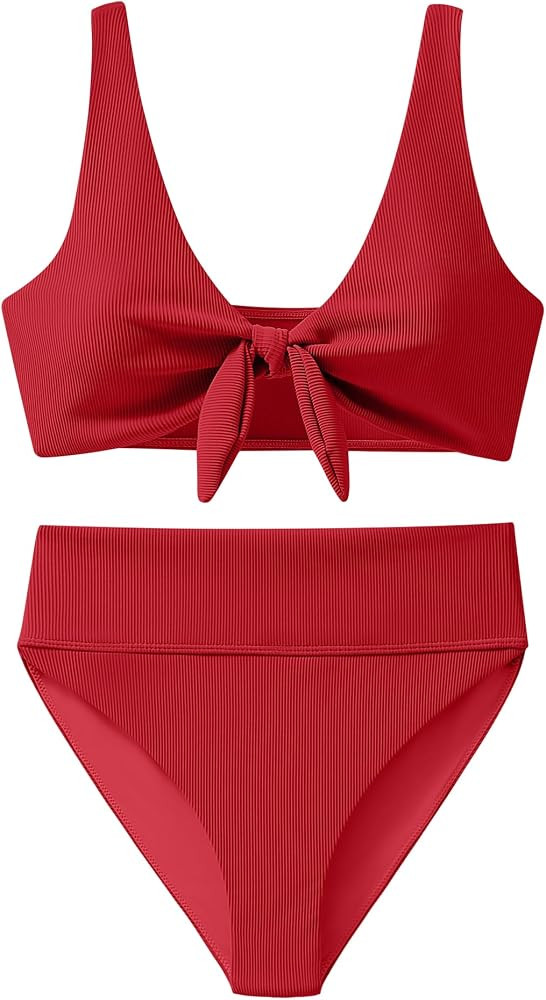 ANRABESS Bikini Sets for Women Summer High Waisted 2 Piece Bathing Suit Ribbed Tie Knot Swimsuit ... | Amazon (US)