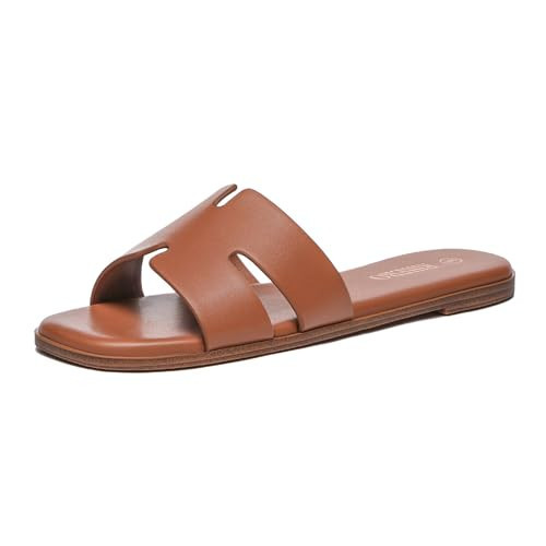 Rihero Women's Dressy Flat Sandals Comfortable Slip On Leather Slide Brown Sandals Size 10 | Amazon (US)