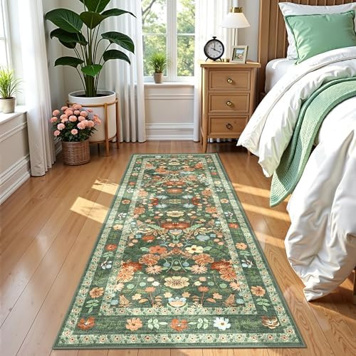 Deerly Green Floral Runner Rug 2x6 for Hallway Vintage Boho Washable Bathroom Kitchen Bedroom Run... | Amazon (US)