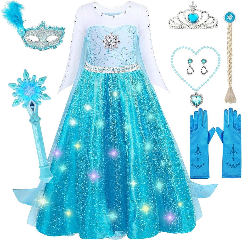 Light Up Elsa Costume for Girls with Snowflake Wand, Princess Dress Up for Girls 3-8 | Amazon (US)