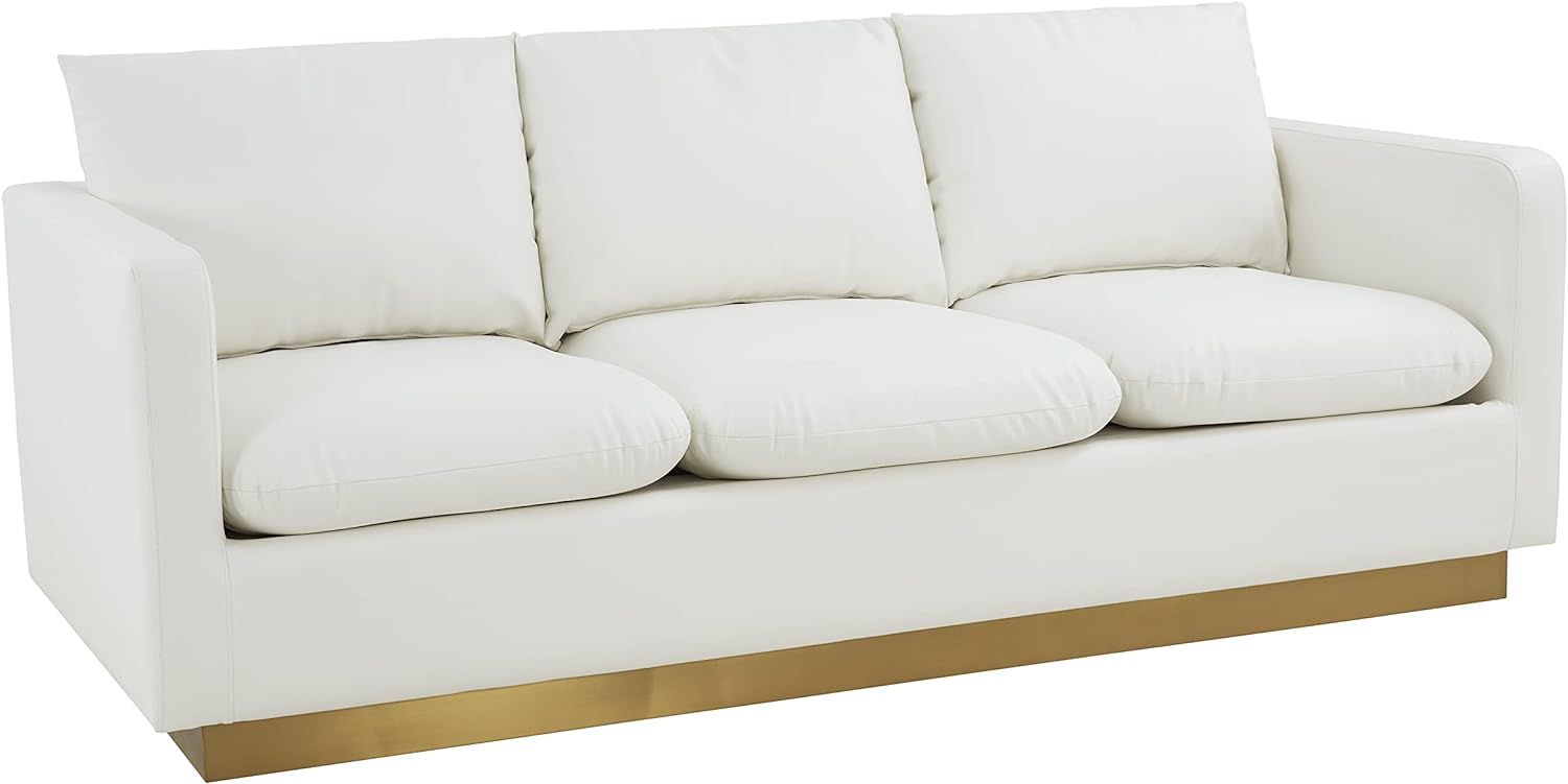 LeisureMod Nervo Modern Upholstered Leather 83" Sofa with Gold Base & Removable Cushions, White | Amazon (US)