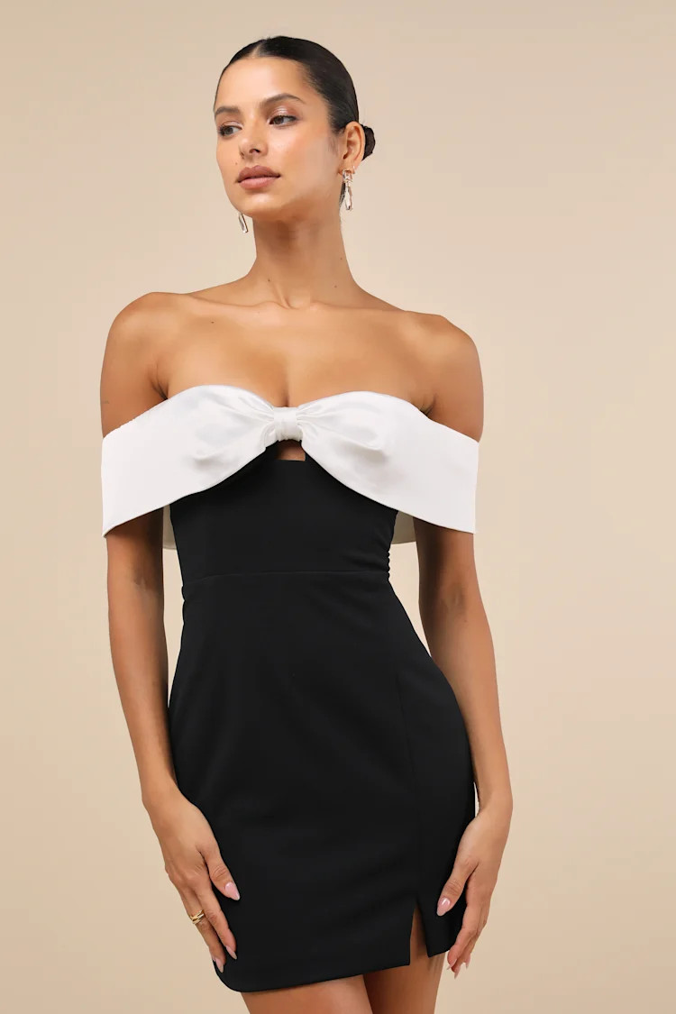 Extravagant Moment Black and White Off-the-Shoulder Mini Dress | Lulus