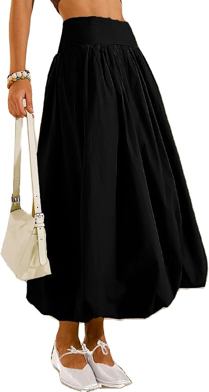 Women's Bubble Long Skirt Elastic Waist A-Line Pleated Ruffle Flowy Balloon Maxi Skirts with Pock... | Amazon (US)