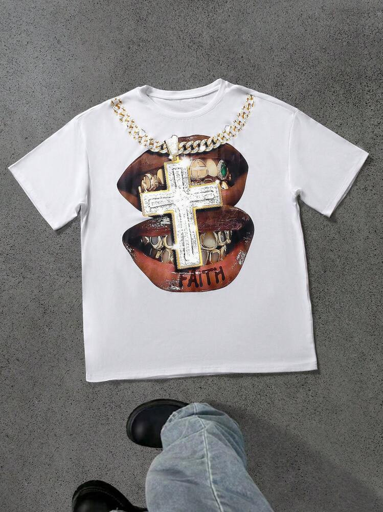 Manfinity EMRG Men Casual Cross Pendant & Lip Graphic Print Short Sleeve T-Shirt, For Going Out, ... | SHEIN