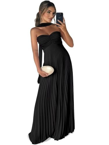 Long Chiffon Bridesmaid Dresses for Women Pleated Strapless Maxi Formal Evening Gown with Scarf Black-16 | Amazon (US)