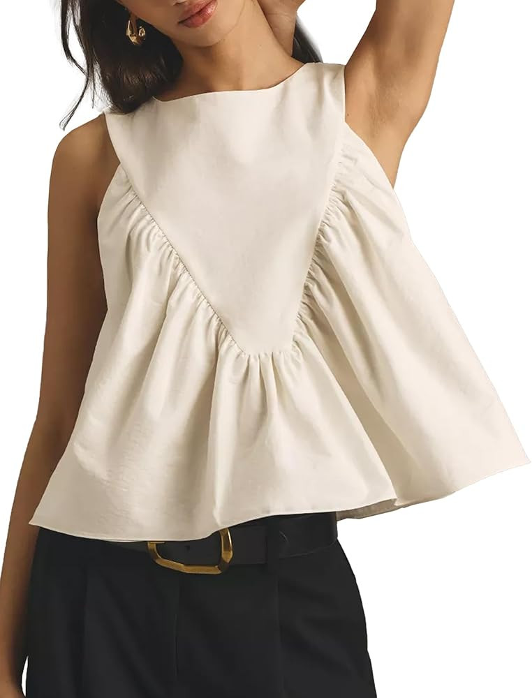 Shiyifa Womens Peplum Babydoll Tops Shirred Swing Tank Tops Pleated Flowy Loose Fit Ruffled Vests | Amazon (US)