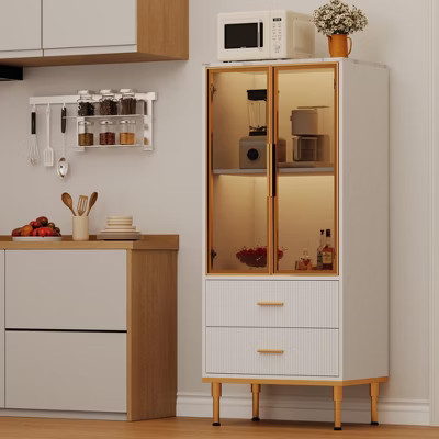 GustoWave Freestanding Pantry Cabinet with Glass Doors & Drawers - Modern Kitchen Storage Cupboard with Gold Accents for Dining Room, Office, White | Target