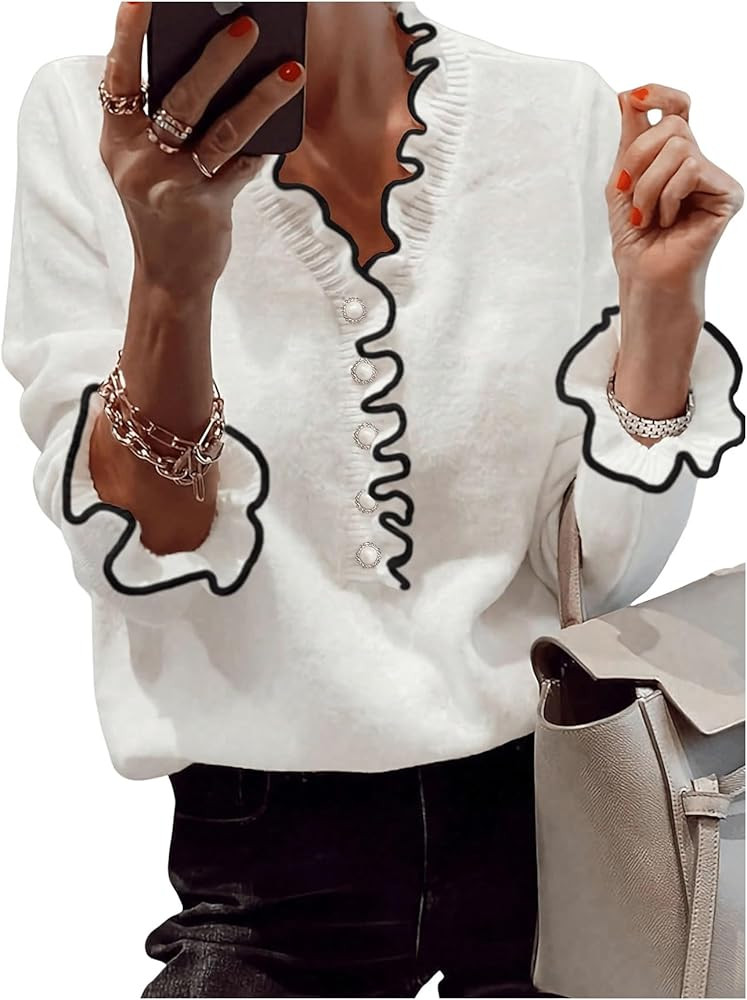 MakeMeChic Women's Pearl Beaded Long Sleeve Sweater V Neck Ruffle Trim Knitted Pullover Tops | Amazon (US)