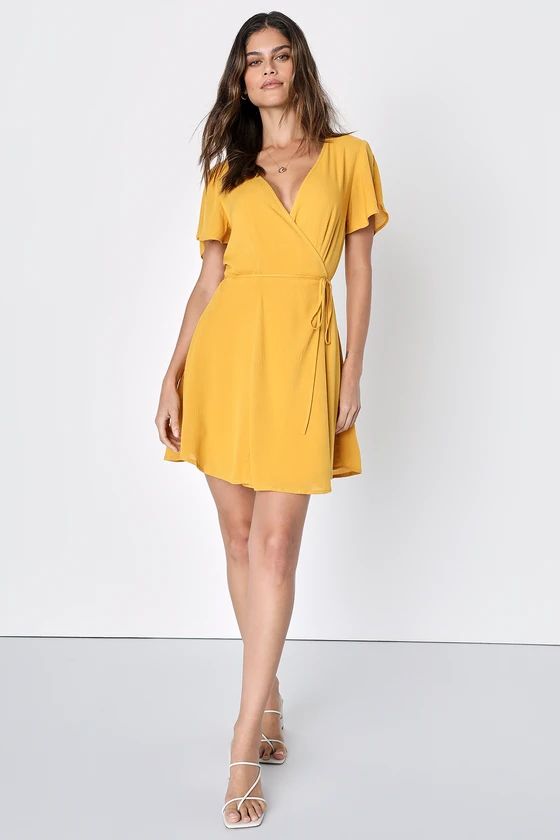 Harbor Point Mustard Yellow Flutter-Sleeve Mini Wrap Dress | Lulus (US)