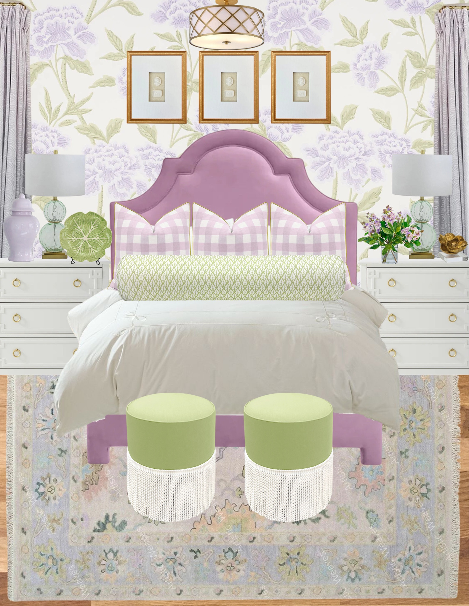 lavender and green bedroom inspiration💚💜
loving lavender so much lately! this is the inspiration now for my guest room!




lavender green light green upholstered bed bolster ottoman wallpaper pleated curtains guest room master bedroom traditional grand millennial home

#LTKHome #LTKMostLoved