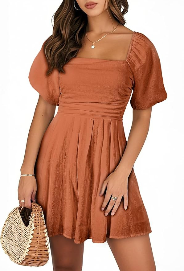 AlvaQ Womens Summer Cute Puff Sleeve Elastic Square Neck Mini Short Romper with Pockets | Amazon (US)
