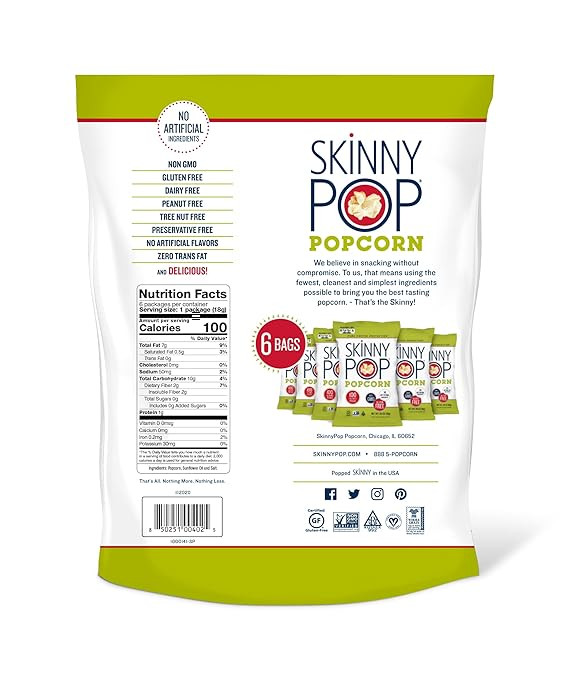 SkinnyPop Popcorn, Gluten Free, Dairy Free, Non-GMO, Healthy Snacks, Skinny Pop Original Popcorn ... | Amazon (US)