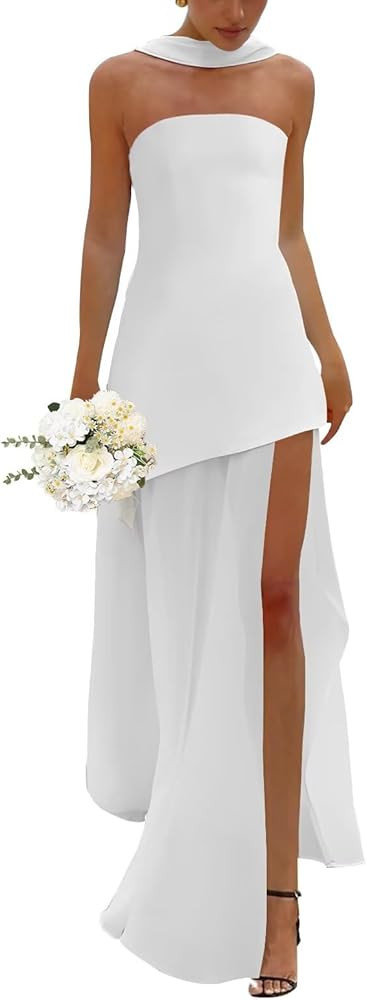 Loyeloy Women's Strapless Satin Bridesmaid Dresses with Scarf Sexy Slit 2025 Chiffon Formal Eveni... | Amazon (US)