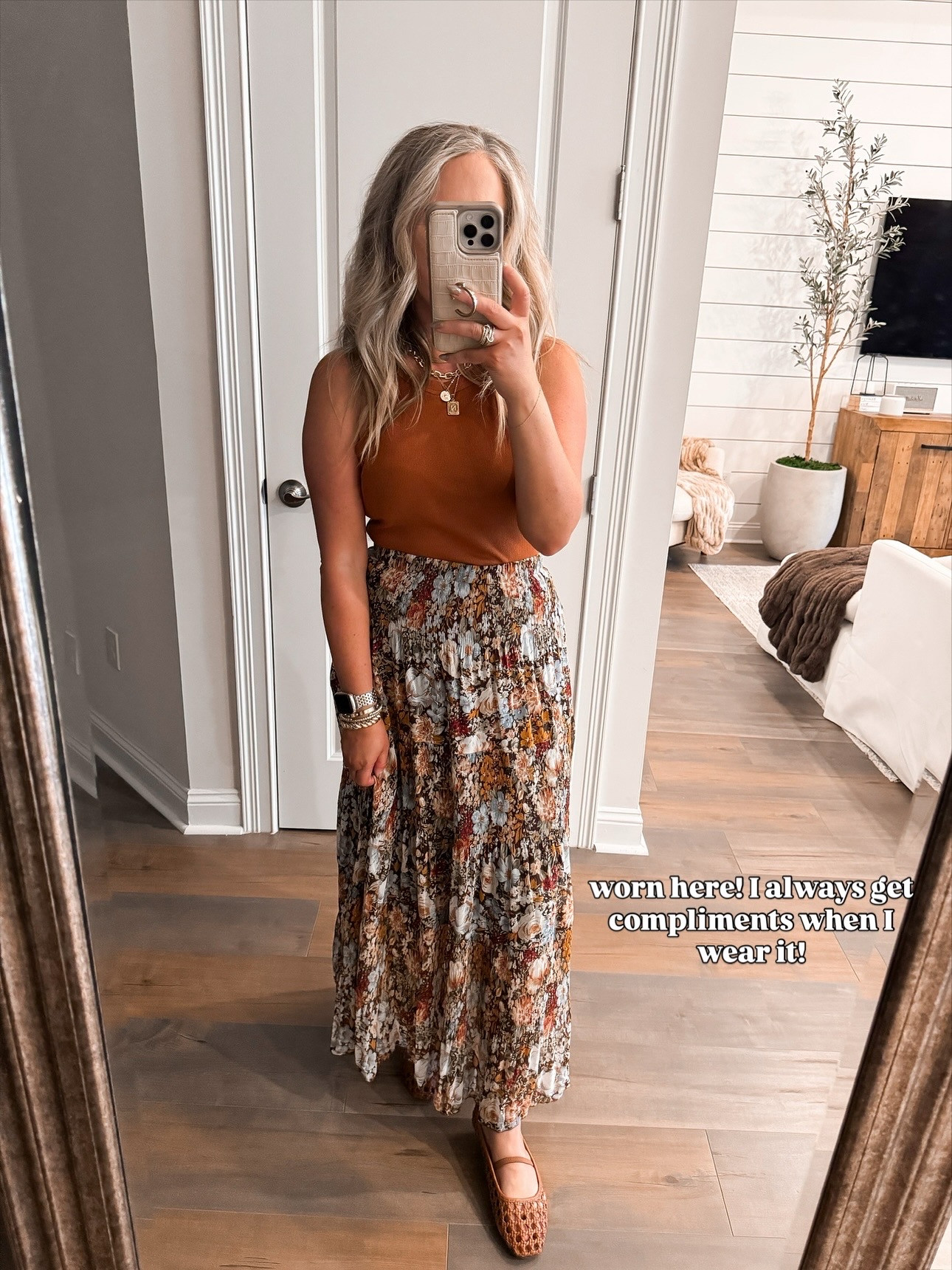 Comfy yet stylish fall outfit all from Amazon! Easy to thrown on 🤎 brown floral maxi skirt, tiered ruffle skirt, basic padded tank, Thanksgiving outfit, fall style, teacher outfit, ballet flats, Amazon fashion finds for fall 

 #LTKFindsUnder50 #LTKStyleTip