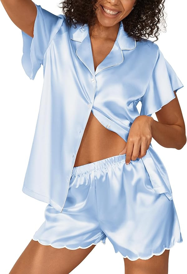 Ekouaer Women's Classic Button Down Ruffle Sleeves Short Satin Silk Pajama Set | Amazon (US)