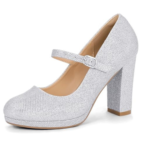 IDIFU Silver Pumps Heels Closed Toe Mary Jane Shoes Platform High Chunky Block Heels Comfortable Dress Shoes for Women Wedding Bridal Prom Sparkly Fashion Round Toe Pumps Shoes(Silver Glitter, 11) | Amazon (US)