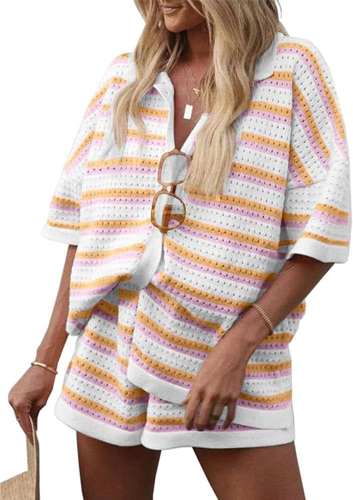 Womens Striped Pajama Sets Knit Short Sleeve Color Block Crochet Button Tops and Shorts 2 Piece C... | Amazon (US)