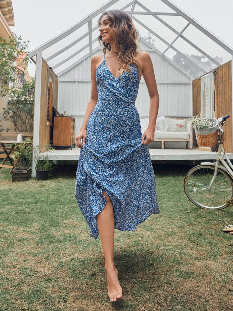 Surplice Neck Tie Back Ditsy Floral Cami Dress | SHEIN