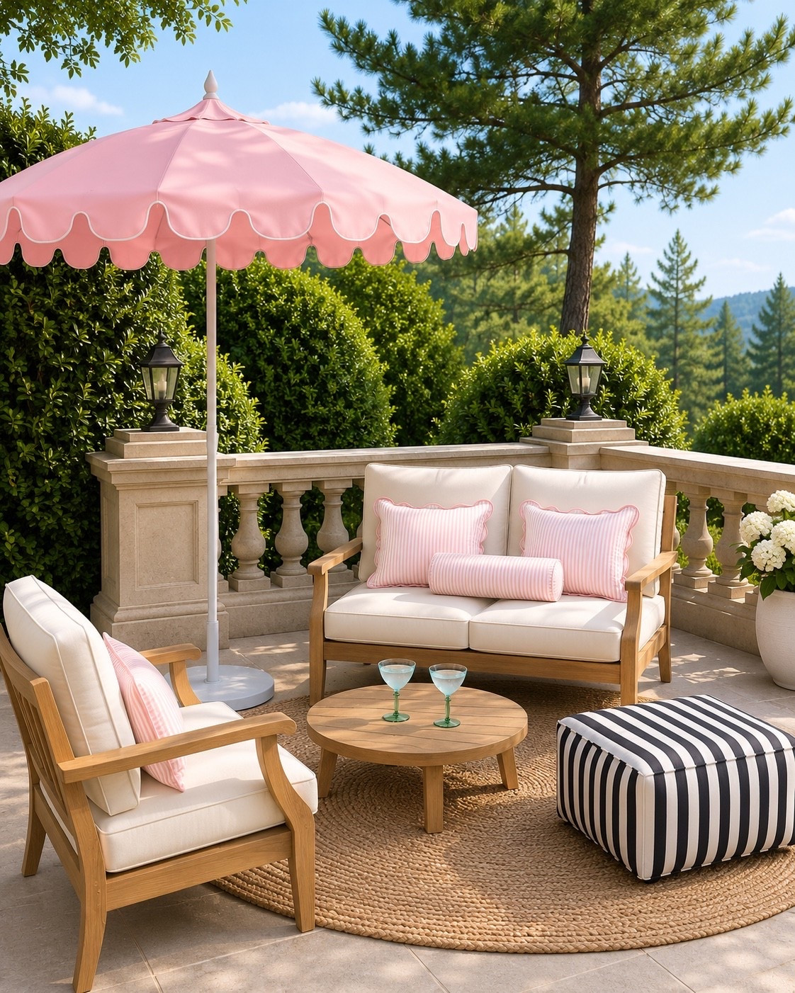 Summer lounge time ☀️ Create a cheerful outdoor retreat with a scalloped pink patio umbrella, comfortable lounge seating, a classic outdoor sofa, and a natural wood coffee table. Add a striped ottoman and colorful wine glasses for an easy, stylish entertaining moment all season long.

#OutdoorLiving #PatioUmbrella #OutdoorLoungeChair #OutdoorSofa #OutdoorCoffeeTable #EntertainingEssentials #Drinkware #WineGlasses

#LTKHome #LTKSaleAlert