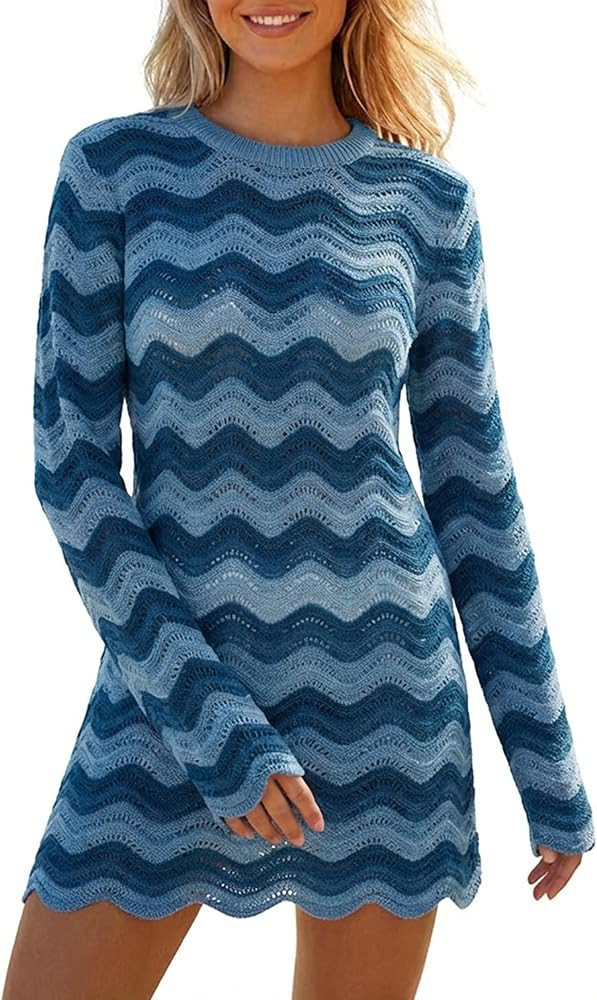 Women's Crochet Colorful Mesh Summer Long Sleeve Cover Ups Casual Striped Beach Wear Knit Mini Dr... | Amazon (US)