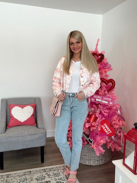 Valentines outfit 💘 Wearing this cute heart jacket from Pink Lily under $50! Paired it over a white body suit, jeans, and pink heels! 

#LTKshoecrush #LTKunder100 #LTKunder50