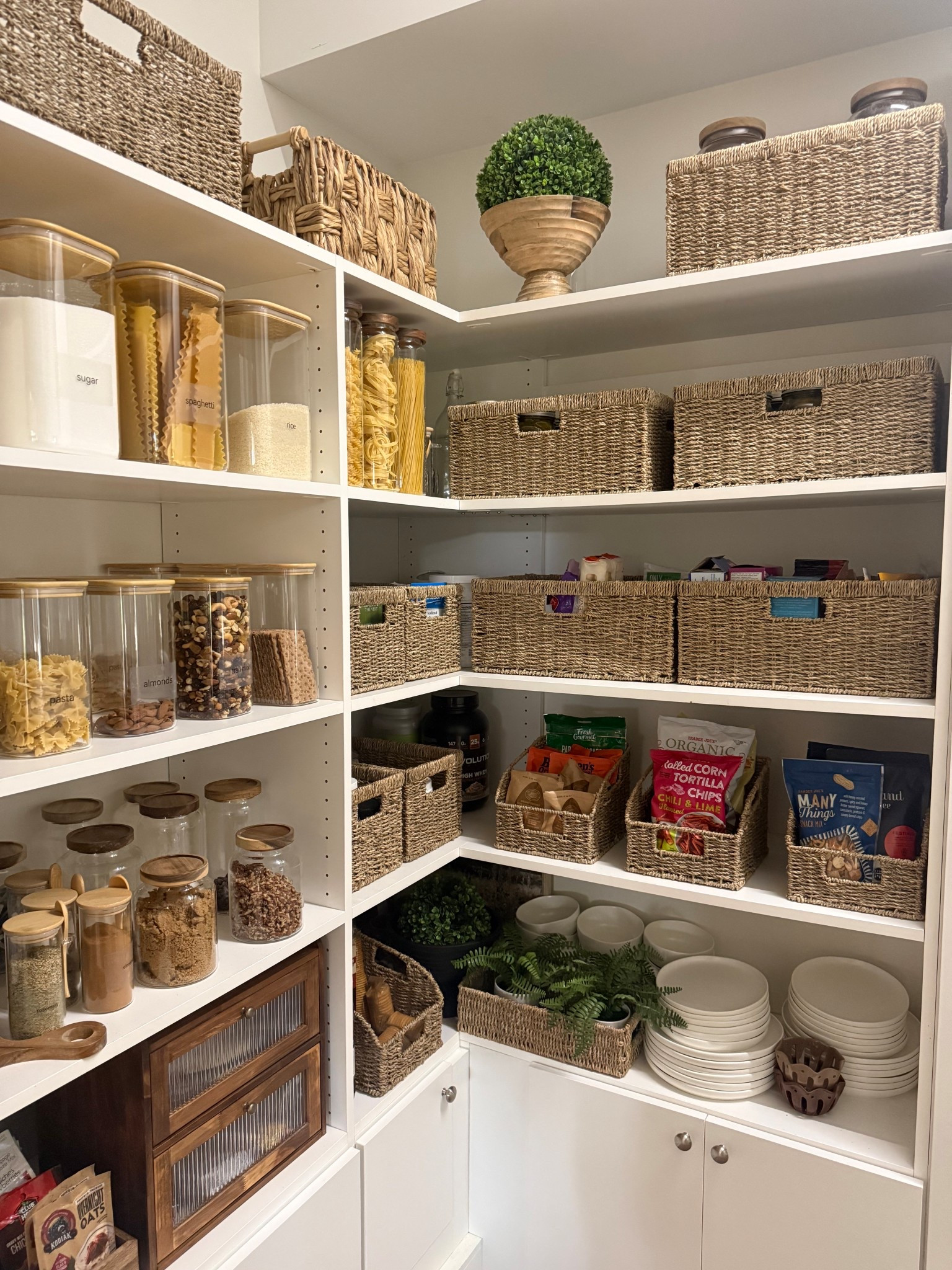 Pantry organization! 
All of my woven storage boxes are from Storgage Works. They are strong and have a sturdy wired frame. 
