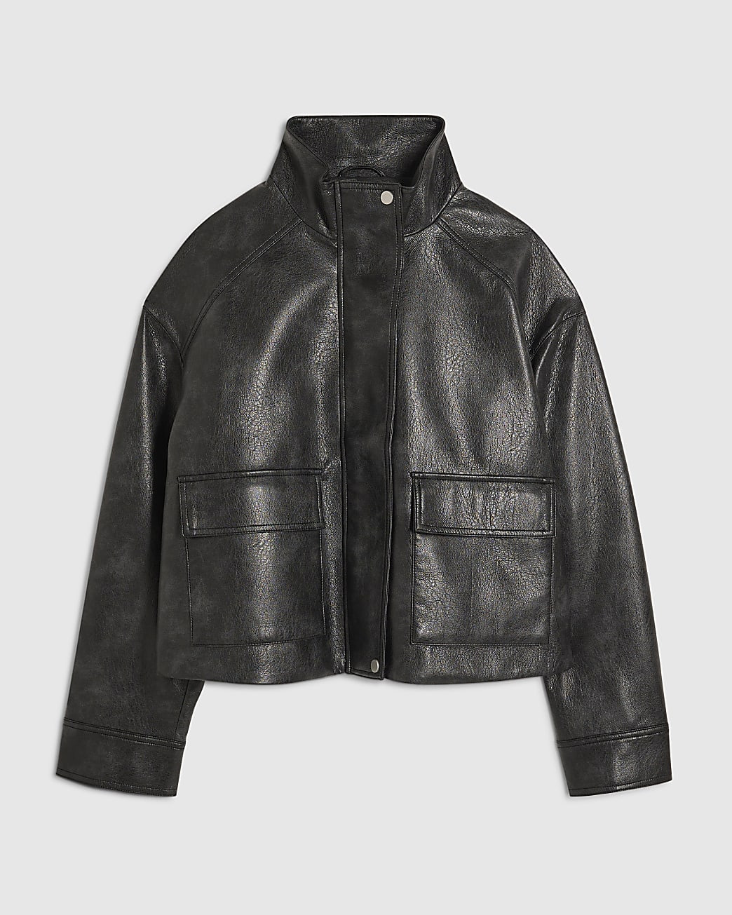 Black Funnel Neck Faux Leather Bomber Jacket | River Island UK & IE