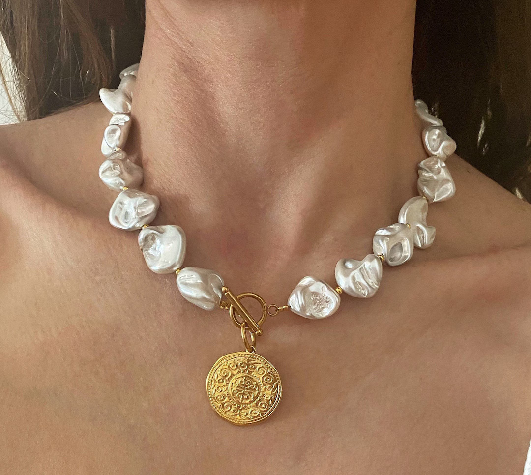 Faux Pearl Coin Necklace, Irregular Imitation Pearl Necklace, Toggle Clasp Necklace, Boho Bridal ... | Etsy (US)
