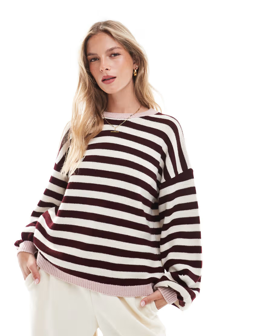 ASOS DESIGN knit sweater in blurred burgundy stripe-Multi | ASOS (Global)