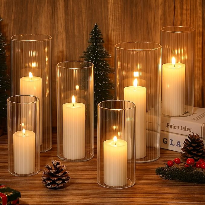 6 Pcs Ribbed Glass Candle Holder 6"/7.8"/10" Tall Cylinder Candle Holders Clear Round Flower Vase... | Amazon (US)