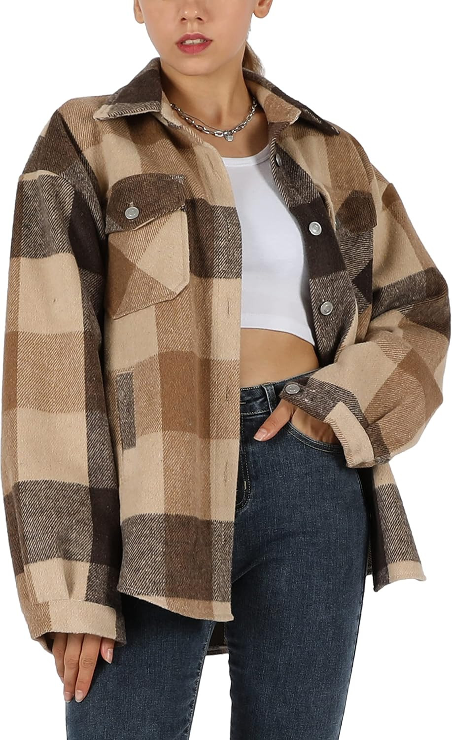 Tanming Womens Brushed Flannel Plaid Lapel Button Short Pocketed Shacket Shirts Coats at Amazon W... | Amazon (US)