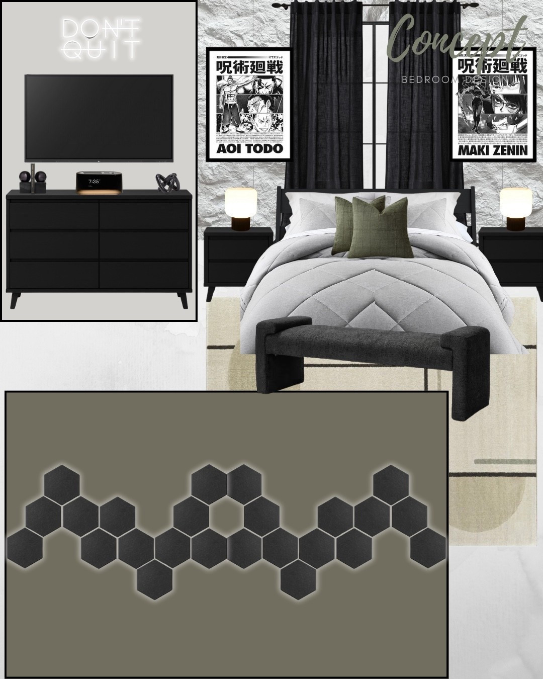 This modern teen bedroom concept design has a cool anime edge that still feels clean and elevated. I used bold black furniture, sleek lighting, and Jujutsu Kaisen wall art to bring in personality without overwhelming the space. The “Don’t Quit” neon sign adds the perfect motivational touch, while the geometric rug and hexagon wall design make the whole room feel intentional and layered. If you’re looking for anime bedroom decor that blends style and character, I’ve got you covered. 

**Paint colors used in design:
Sage Green Light by SW (Sherwin Williams)
Intrepid Gray by SW

#LTKKids #LTKStyleTip #LTKHome