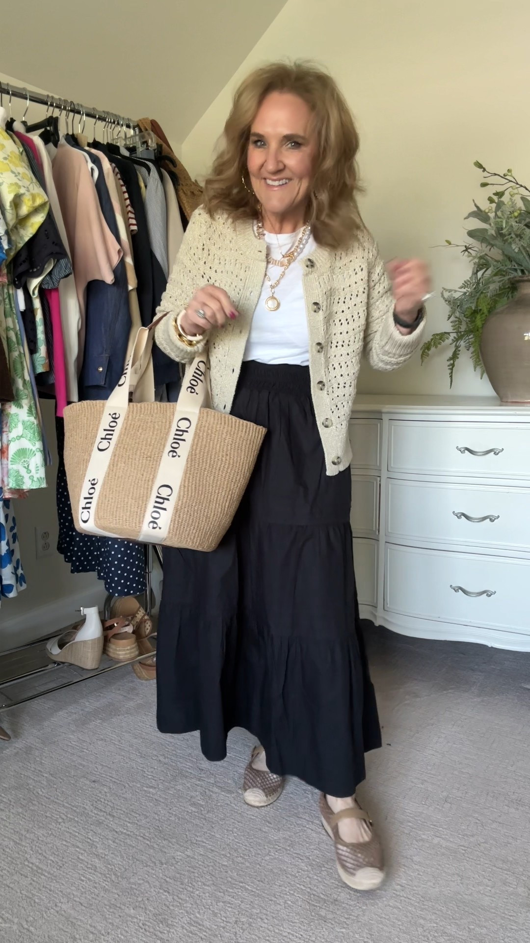 Metallic sweater size medium 
White tee size large 
Black cotton maxi skirt elastic waist 
Comfy Mary Jane espadrilles true to size 

#LTKWatchNow #LTKFindsUnder100 #LTKOver40