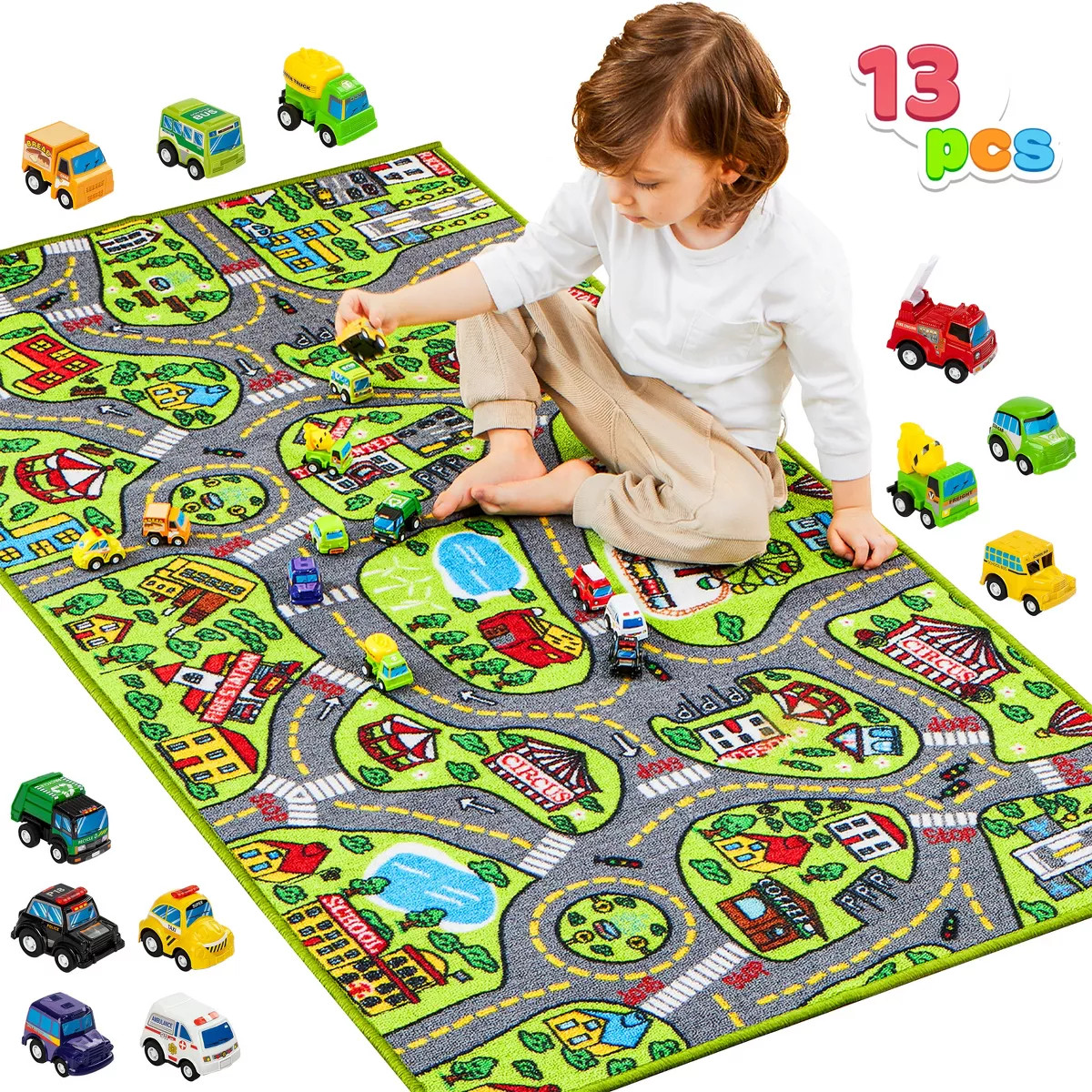 Joyfy Car Play Rug for Toddlers, City-Themed Pretend Playmat with 12 Pcs Pull-Back Vehicle Set fo... | Target