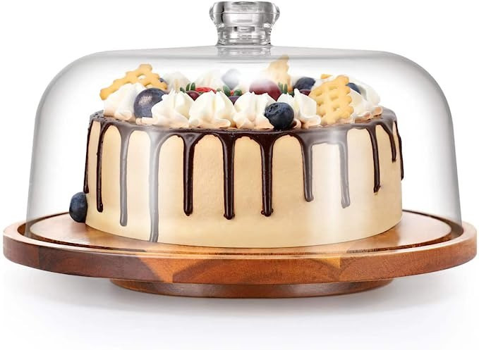 Rotating Cake Stand with Dome,Wood Cake Stand with Turntable Base,Cake Display Server Tray for Ki... | Amazon (US)