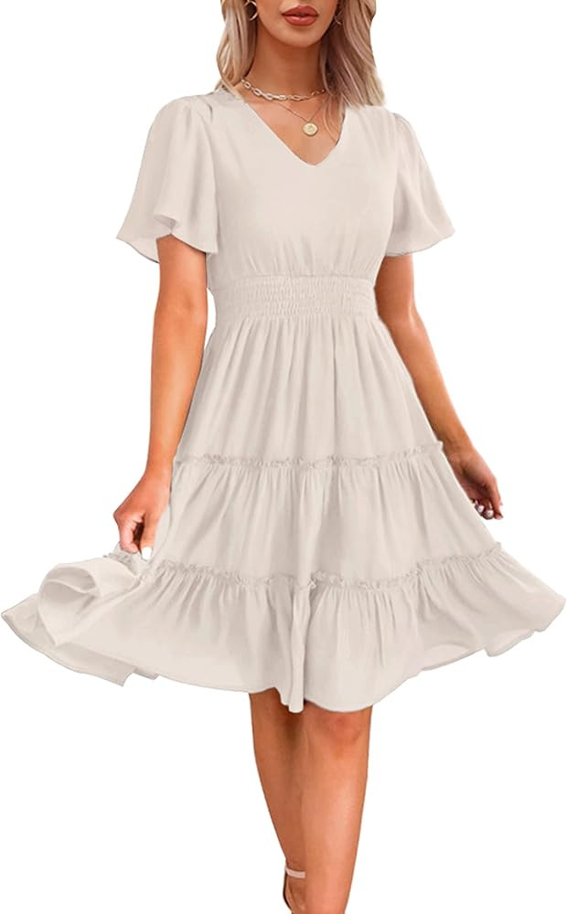 Zattcas Women 2023 Spring Summer Dress Short Flutter Sleeve V Neck Smocked Waist Casual Flowy A L... | Amazon (US)