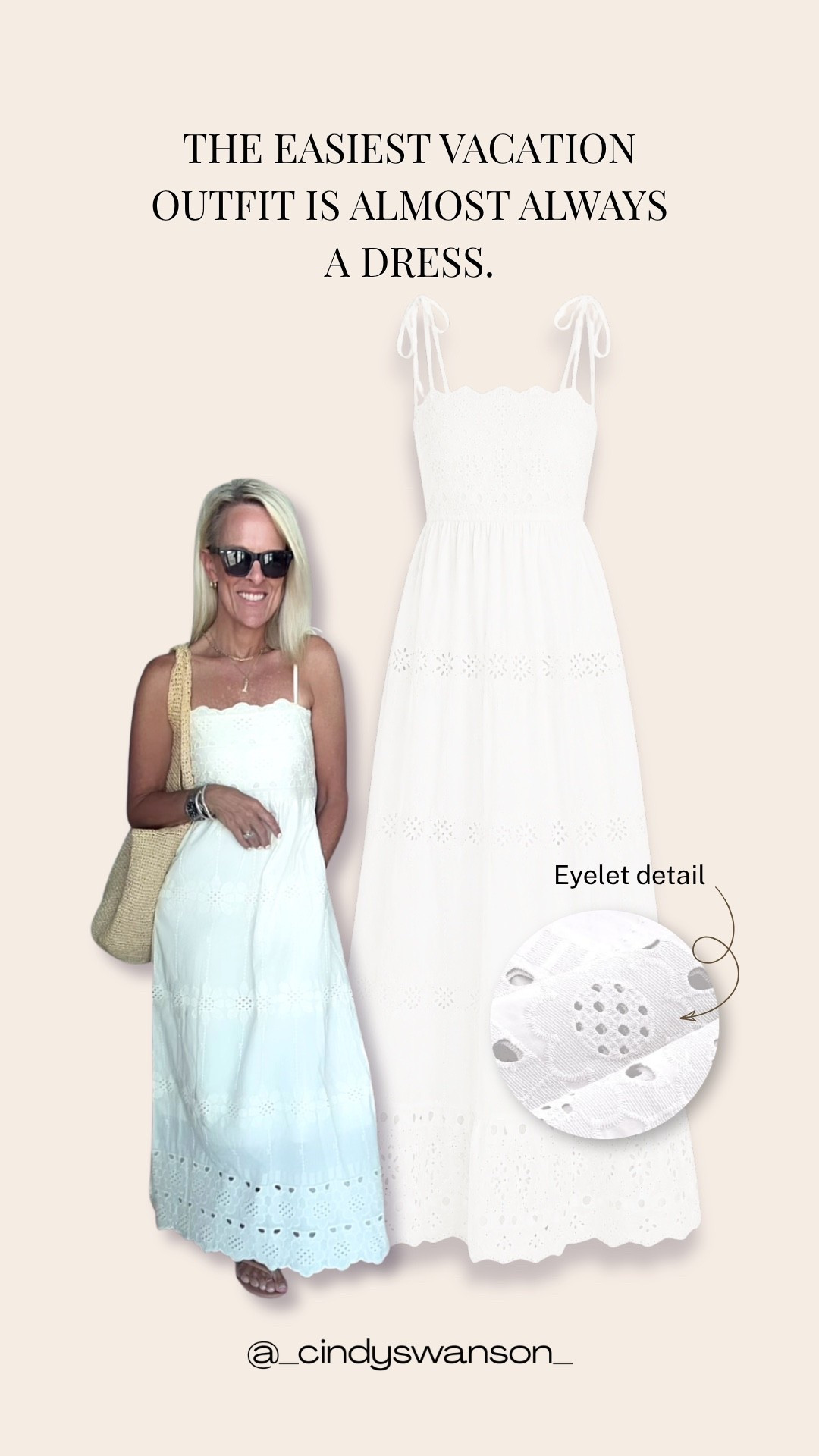 The easiest vacation outfit is almost always a dress. 🤍 I love the pretty eyelet detail and lightweight cotton of this maxi—it’s comfortable, has pockets, and the smocked waist makes it easy to wear. Add sandals for sightseeing or dress it up for dinner.

💡 LTK MADE EASY
❤️ Heart = Support my posts!
🔖 Save = Get sale & restock alerts
📋 Lists = Keep favorites organized
📲 Share = Send lists and products to a friend. Hello, Christmas List!
💬 Comment = Ask me anything about what I’m wearing.:-)

#LTKootd #LTKOver40
