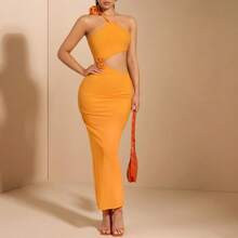 Womens Orange Asymmetrical One Shoulder Cut Out Sexy Elegant Everyday Dress With d Floral Decoration | SHEIN