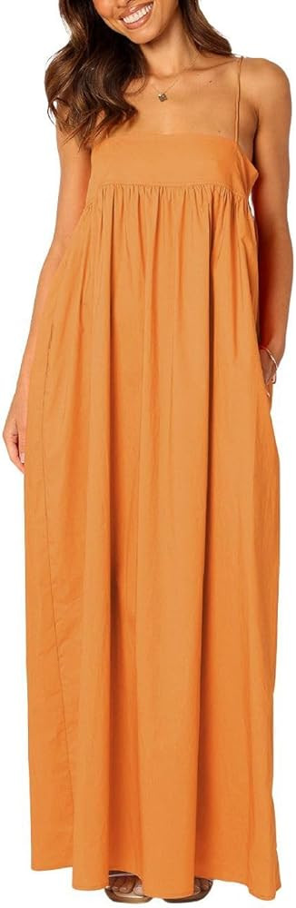 ebossy Women's Summer Backless Tied Spaghetti Straps Casual Loose Cutout Maxi Dress with Pockets | Amazon (US)