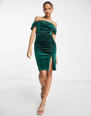 Style Cheat bardot ruched velvet mini dress in emerald green | ASOS (Global)