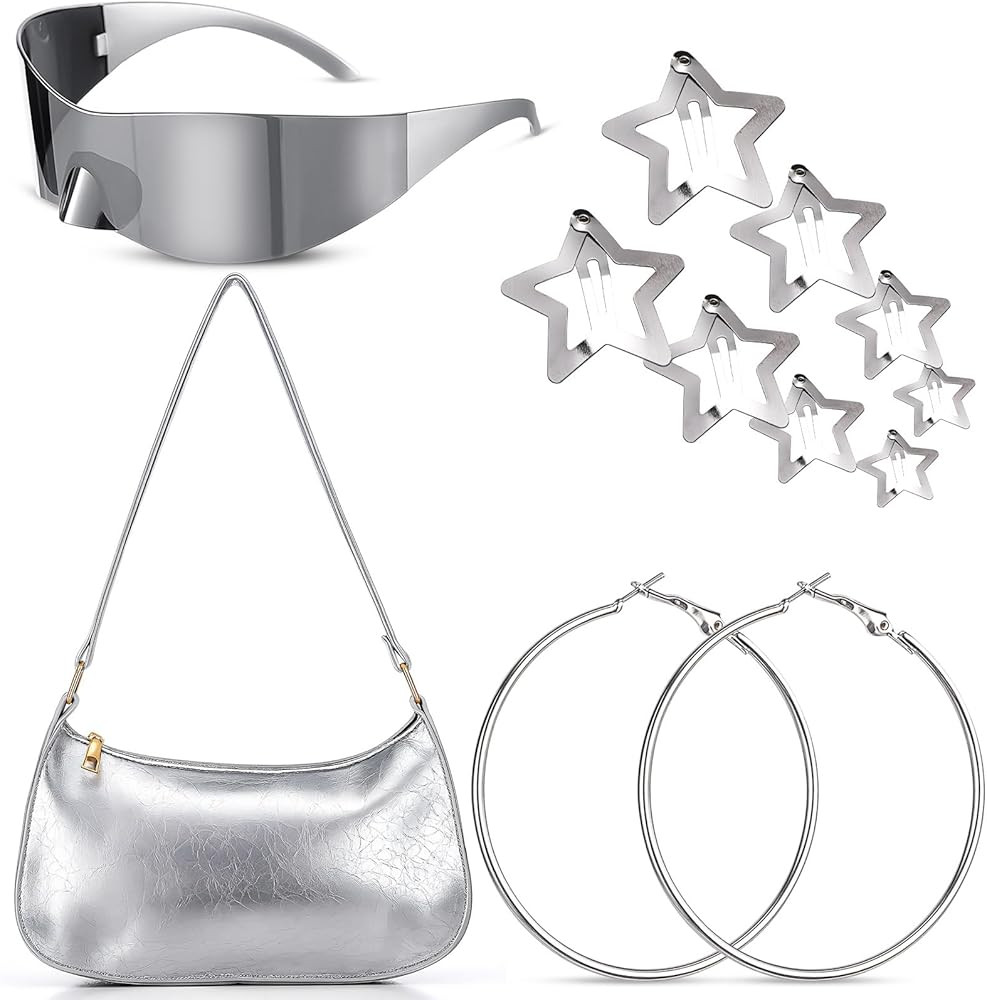 12 Pcs Y2k Accessories Set Patent Leather Shoulder Bag 2000s Sunglasses Circle Earrings Star Clip... | Amazon (US)